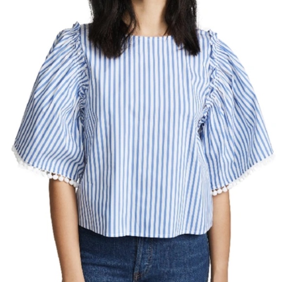 Ella Moss Maggie Mae Blue Striped Blouse with pom pom size small - Picture 1 of 4